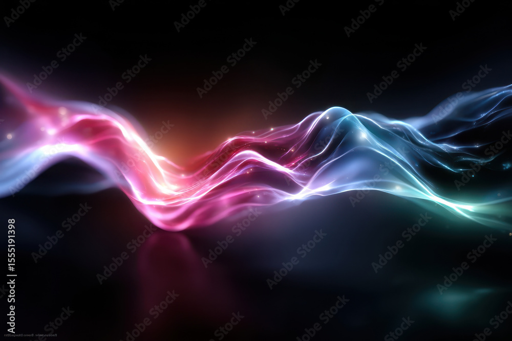 Poster Colorful light waves create abstract patterns in a dark background with soft glowing edges