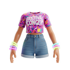 Vibrant graphic t-shirt with a festival concert print combined with denim shorts and glowing wristbands against a transparent backdrop.