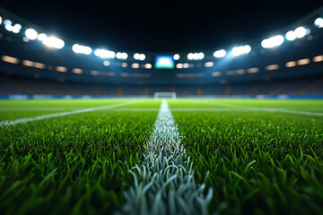 Night Soccer Field: Dramatic Low Angle, Lush Green Grass, Bright Stadium Lights