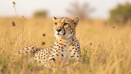 Naklejka premium Cheetah resting on grass in savannah under soft sunlight 