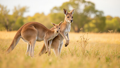 A pair of kangaroos stand in the tall grass of the Australian bush, Golden grass, background - blurred eucalyptus trees