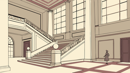 Fototapeta premium Elegant Staircase and Figure in a Grand Architectural Interior.