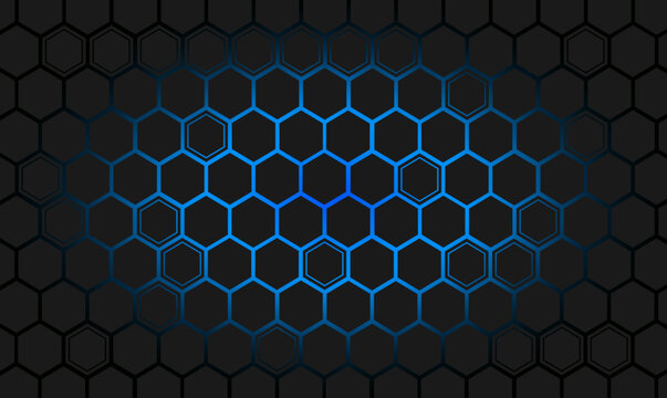 Pattern with black honeycomb on a gradient neon blue light