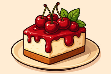 Decadent cherry cheesecake slice with fresh ripe cherries, glossy cherry sauce, and vibrant mint leaves garnish, vector cartoon dessert illustration, sweet bakery treat design