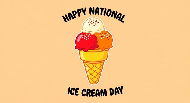 National Ice Cream Day Celebration - Colorful Illustration of a Delicious Ice Cream Cone with Scoops and Sprinkles on a Peach Background