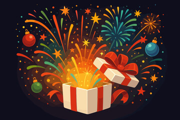 Festive open gift box with colorful fireworks, glowing lights, Christmas celebration, New Year party, surprise present, holiday magic, festive decoration, vector cartoon illustration