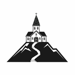 Church On Mountain Image. Black and white Church On Mountain Vector isolated on white background.