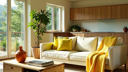 Bright Living Room with Cozy Sofa and Nature View