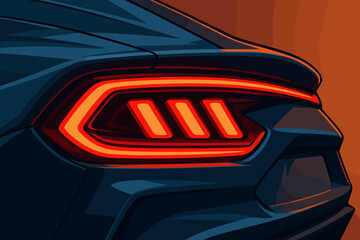 Futuristic sports car tail light close-up. Vector illustration of a modern supercar's glowing red LED lamp. Automotive design concept of power, speed, and luxury vehicle detail.