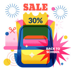 Back to school sale banner, poster, flyer design. Open backpack with discount coupon. Vector geometric flat illustration
