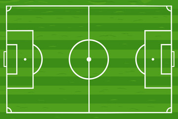 Green Soccer Football Pitch Field with White Marking Lines. Top View Vector Cartoon Illustration for Sports, Game, Stadium, Arena Background.