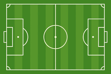 Empty top-down view of a vibrant green cartoon football soccer field with crisp white marking lines, perfect for sports design and game backgrounds