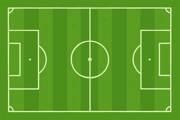 Vibrant green soccer field with crisp white marking lines, top view cartoon illustration. Football pitch graphic for sports design, game backgrounds, and athletic concepts. Play, sport, game, ball