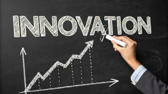 Innovation Growth Concept - A hand draws an upward trending graph next to the word "Innovation" written in chalk on a blackboard.