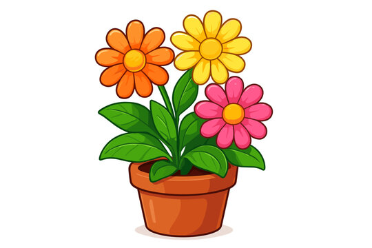 Colorful cartoon flowers in a pot vector illustration. Cute blooming houseplant with green leaves and vibrant daisies. Isolated spring garden plant for nature or floral design.