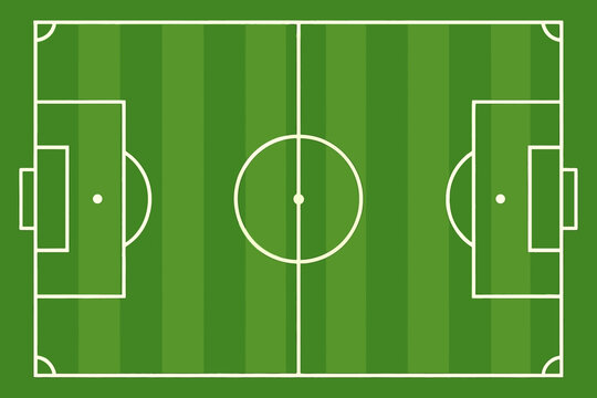 Empty top-down view of a vibrant green cartoon football soccer field with crisp white marking lines, perfect for sports design and game backgrounds