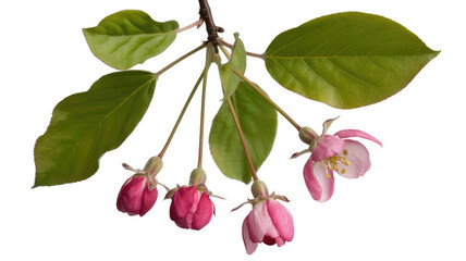 Blossom of Spring: Delicate pink blossoms unfurl amidst fresh green leaves on a slender branch, a vibrant testament to spring's renewal and natural beauty.