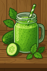 Fresh Cucumber Detox Smoothie in Mason Jar with Mint Leaves, Rustic Wooden Table, Healthy Green Drink, Summer Beverage, Vector Cartoon Illustration, No Text, Refreshment Concept