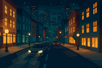 Vibrant city street at night with glowing building windows, illuminated street lamps, cars with headlights and taillights, urban skyline, downtown evening scene, vector cartoon illustration