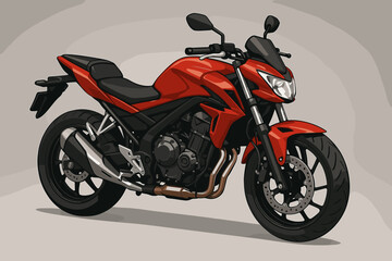 Modern red sport motorcycle vector illustration. Sleek naked bike design, aggressive styling, detailed frame and engine, studio background. Urban transport, motorbike, two-wheeler concept art.