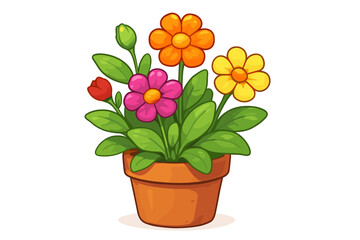 Vibrant cartoon potted flowers vector illustration. Colorful blooming daisies and tulips in terracotta pot. Decorative spring floral arrangement. Bright indoor houseplant clipart on white background