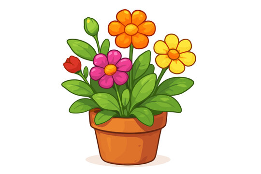 Vibrant cartoon potted flowers vector illustration. Colorful blooming daisies and tulips in terracotta pot. Decorative spring floral arrangement. Bright indoor houseplant clipart on white background - Powered by Adobe