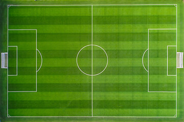 Aerial View of a Lush Green Soccer Field with Crisp White Lines, Overhead Perspective.