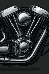 Shiny chrome motorcycle engine close-up. Detailed vector illustration of custom V-twin motor, mechanical parts, exhaust pipes, metallic components, power, speed, biker, automotive engineering art
