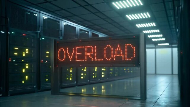 Server Room Overload Warning - A digital LED sign displaying "OVERLOAD" is situated in a modern server room, highlighting the high demand and potential system failure.