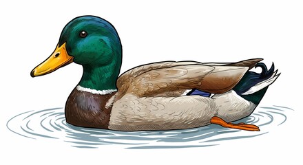Obraz premium Mallard Duck Swimming in Water with Green Head Brown Body and Bright Orange Beak