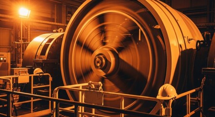Industrial turbine rotating in factory with orange lighting and metal structures