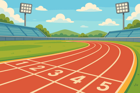 Outdoor athletics stadium with red running track, numbered lanes, green field, empty bleachers, floodlights, mountains, blue sky, sports competition venue, vector cartoon illustration