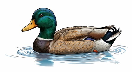 Mallard Duck Swimming in Water with Green Head and Brown Body