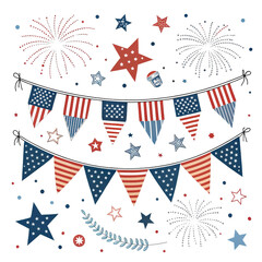 Obraz premium Patriotic Bunting, Fireworks and Stars Clipart Isolated on Transparent Background, Patriotic, Fourth of July, Independence Day, Celebration, Bunting, Stars