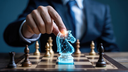 Strategic Knight's Move: Businessman executes a bold strategy, moving a glowing, holographic knight on a chessboard, representing innovation and future-oriented decision-making in business.