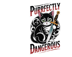 Vintage anime-style cat with a fierce smirk and dagger. A mix of cute and dangerous in tattoo-inspired vector art. Perfect for edgy t-shirt design.