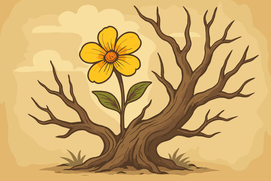 Resilient yellow flower blooming on dead tree trunk, hope and renewal concept, vintage cartoon vector illustration, nature survival, contrast between life and decay, inspirational metaphor art