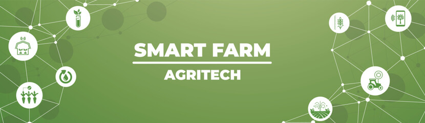 smart farm or agritech vector illustration. Banner with connected icons related to smart agriculture technology, digital iot farming methods and farm automation.