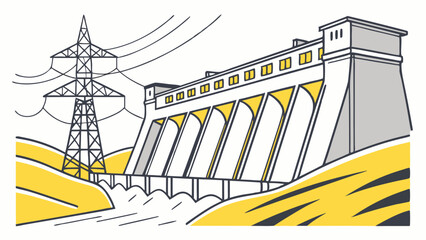 Illustrated Hydroelectric Dam Generating Clean Energy and Power.