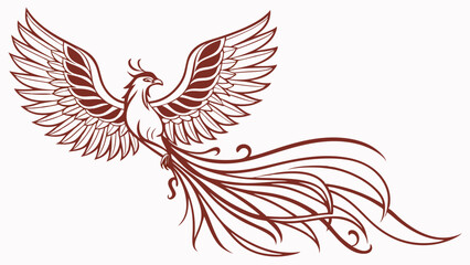Obraz premium Ornate Brown Phoenix Bird in Flight Detailed Line Art Design.