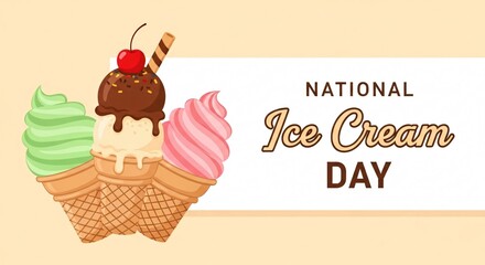 Colorful Vector Illustration of Ice Cream Cones with Cherry and Chocolate Syrup on a Pastel Background