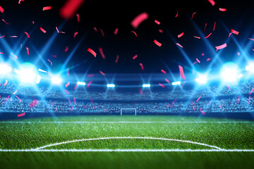 Celebratory Soccer Stadium Night: Confetti, Floodlights, Goal Line