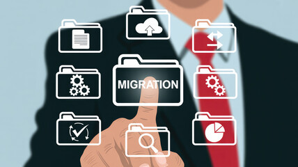 Data Migration: A modern depiction of seamless data migration. A person’s finger interacts with a virtual folder with the word “migration” on it.