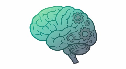 Abstract Brain with Gears in Green and Blue Tones Representing Cognitive Process