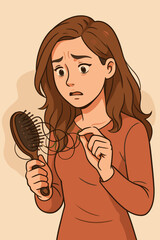 Stressed woman discovering hair loss on her brush. Alopecia, hair thinning, and hair fall concept. Health problem, symptom of stress or vitamin deficiency. Vector cartoon illustration.