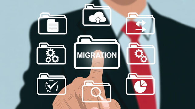 Data Migration: A modern depiction of seamless data migration. A person’s finger interacts with a virtual folder with the word “migration” on it.