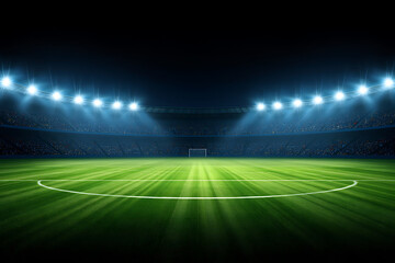 Night Soccer Stadium: Dramatic, Lit Field, Empty Stands, Goal Visible