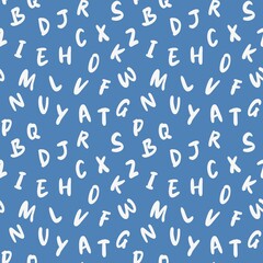 School letters seamless pattern, simple back to school paper,  kids room wallpaper, white on blue background