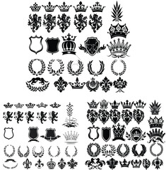 Black and White Heraldic Crowns Shields Lions Laurels Fleur De Lis Collection vector