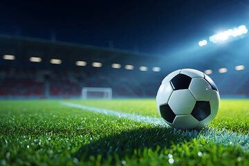 Soccer Ball on Grass, Night Stadium, Dramatic Lighting, Sports Photography